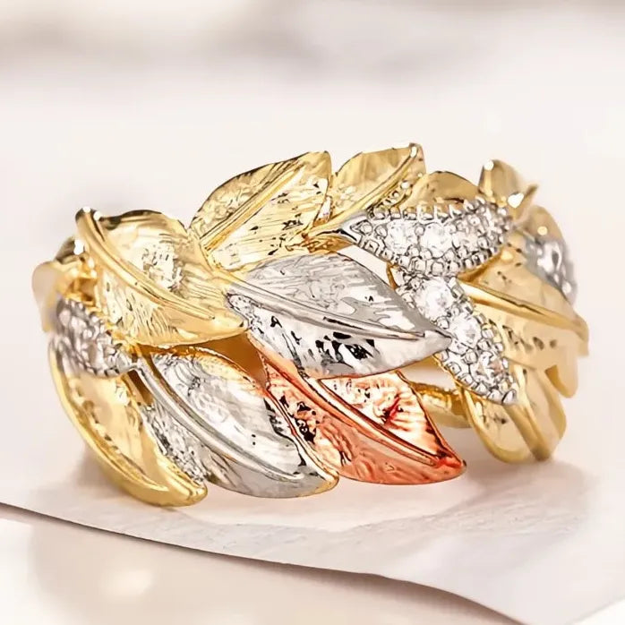 Three-Tone Leaf Cubic Zirconia Wedding Band Ring for Women Brass Jewelry