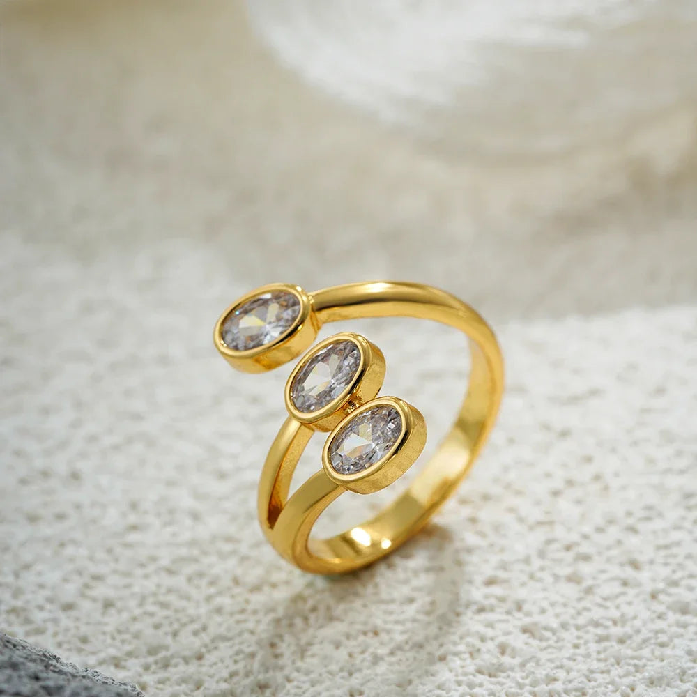 18K Gold Plated Three Layer Metal Zircon Wedding Ring for Women Oval Crystal
