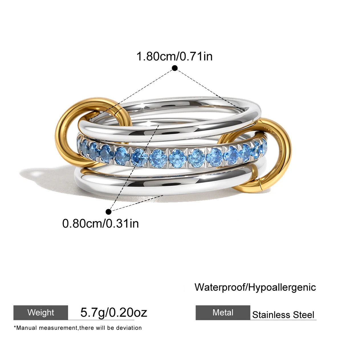 18k Gold Plated Stainless Steel CZ Multi Layer Stackable Knuckle Ring Women