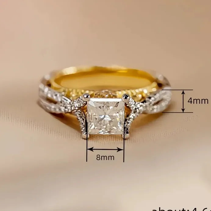 Two-Tone Square CZ Geometric Princess Style Wedding Band Ring Women
