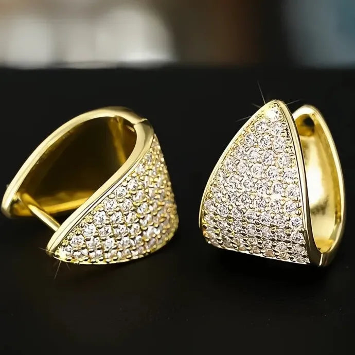 Women Gold Brass CZ Geometric Hoop Earrings Wedding Party Jewelry