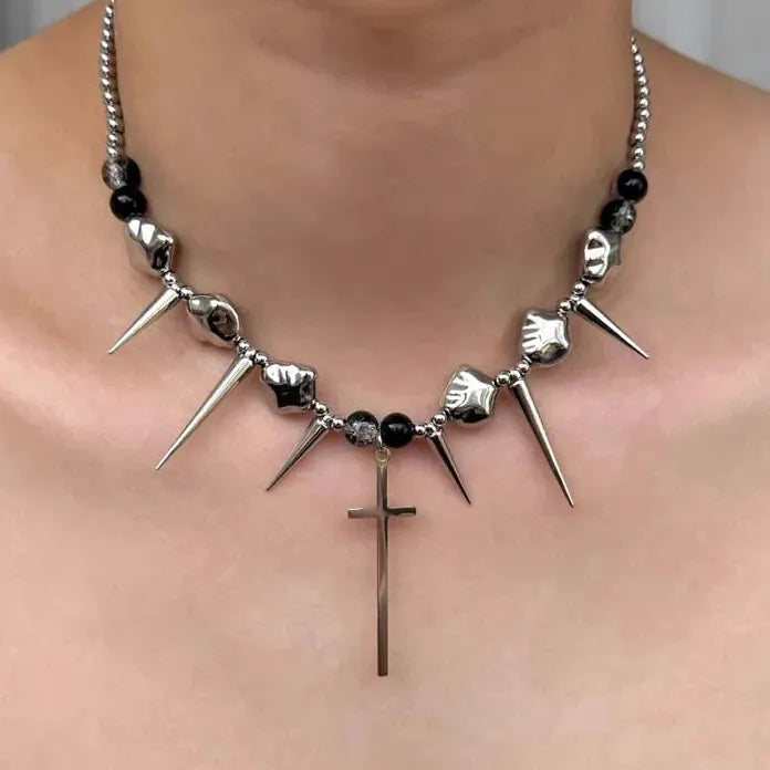 Retro Silver Rivet Cross Pendant Necklace Unisex Punk Hip Hop Y2K Gift