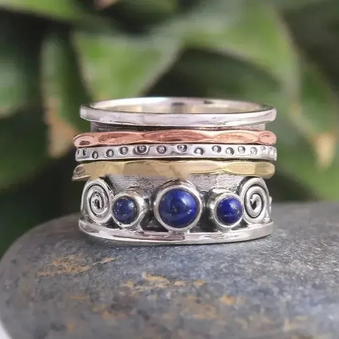 Lapis Lazuli Three Tone Meditation Ring Boho Zinc Alloy Silver Jewelry
