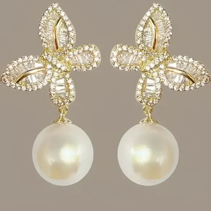 Butterfly Drop Earrings with Imitation Pearl & Sparkling CZ, Brass Jewelry
