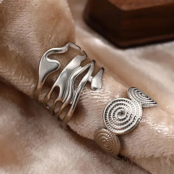 Stainless Steel Geometric Threaded Hip-Hop Ring Set for Women Jewelry Accessory