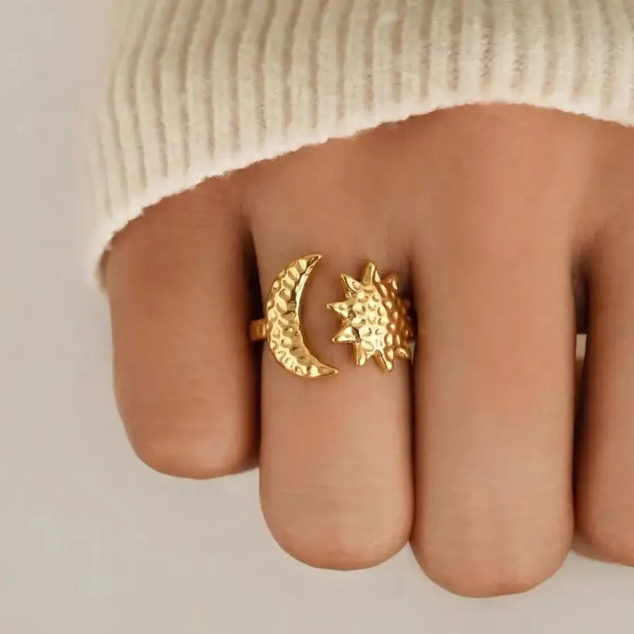 Minimalist Asymmetric Moon Star Open Ring for Women Gold Stainless Steel Jewelry
