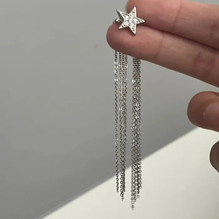 Y2K Rhinestone Star Clip Earrings Long Tassel Non-Piercing Jewelry Accessory