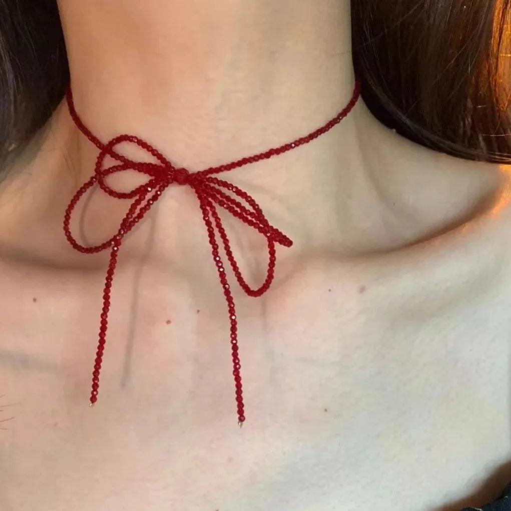 Vintage Red Crystal Bead Bow Necklace Women Girls Long Tassel Choker Y2K Jewelry