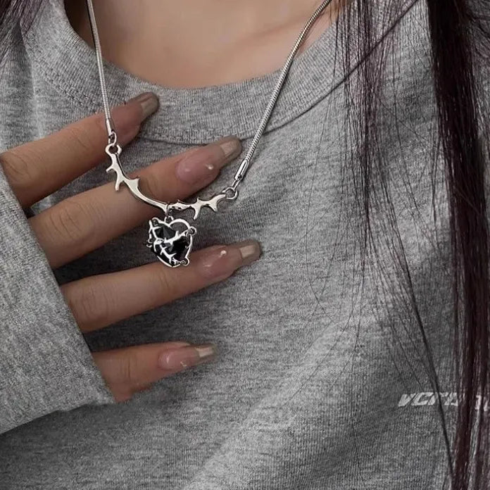 Heart Zircon Pendant Necklace with Irregular Chain Silver Y2K Gift
