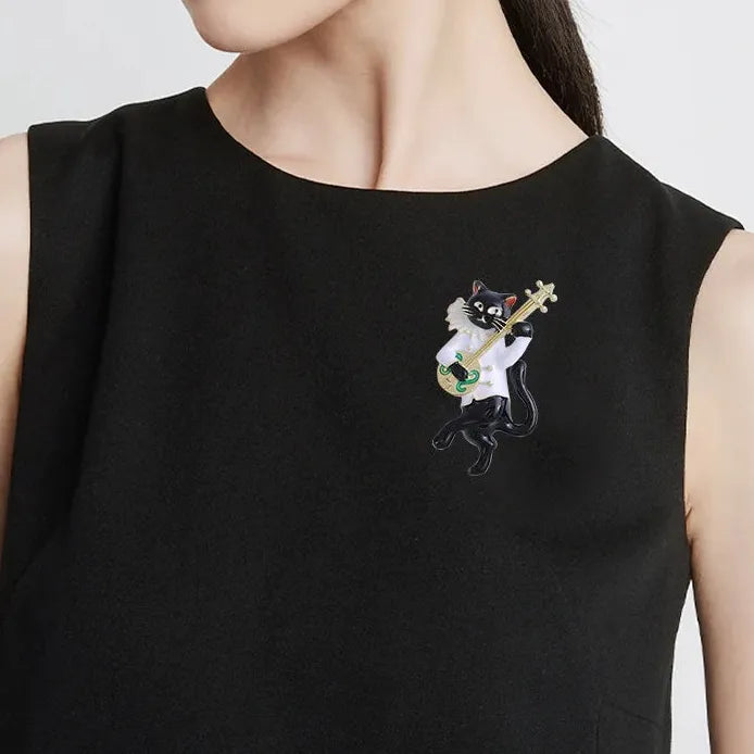 Vintage Cat Animal Brooch Musical Instrument Pin Trendy Jewelry for Women
