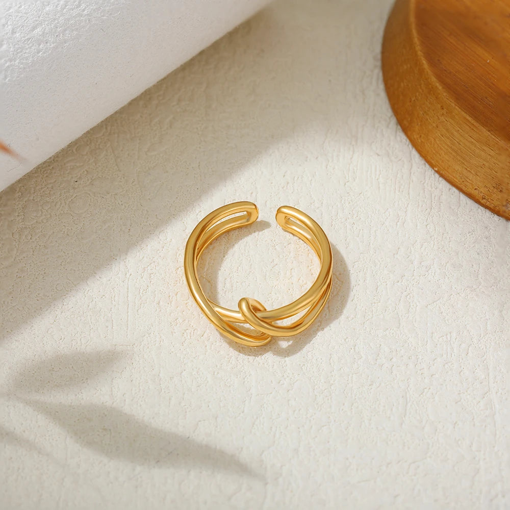 Vintage Gold Plated Stainless Steel Hollow Double-Layer Twisted Rope Knot Ring for Women