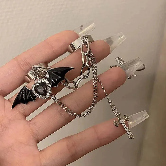 Gothic Black Bat Wing Cross Crystal Double Finger Ring for Men Women Jewelry