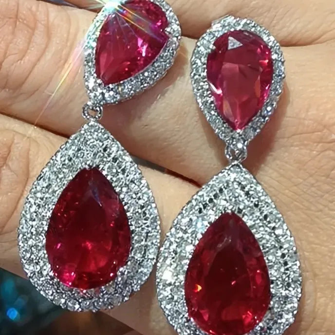Red Cubic Zirconia Geometric Drop Earrings for Women Wedding Anniversary Gift Luxury Jewelry Copper Alloy