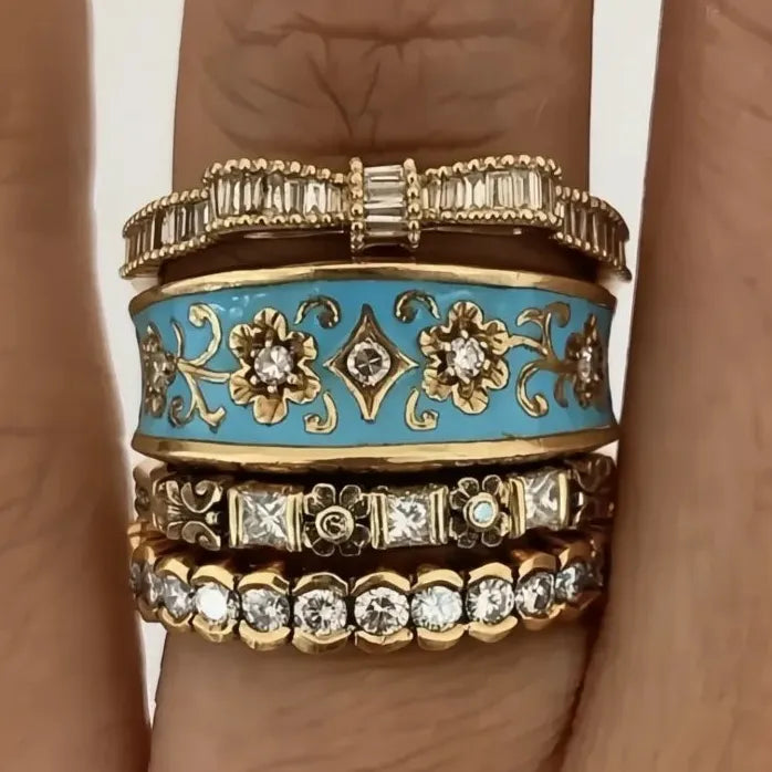 Boho 4-Pcs Women’s Gold Rings Set with Blue Enamel Flower & CZ