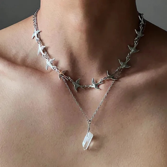 Creative Metal Flying Bird Double Layer Choker Necklace for Men Women Jewelry