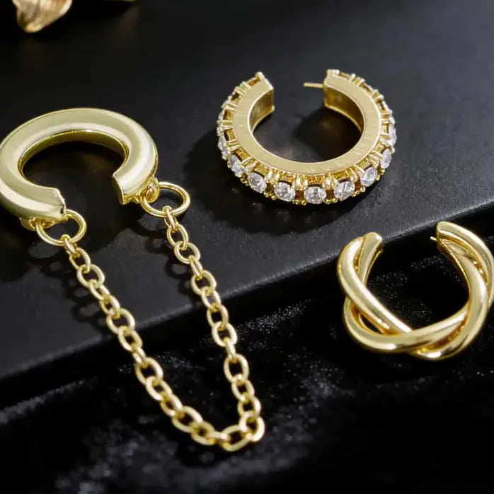 3Pcs C-Shaped Zircon Tassel Clip Earrings Fashion Jewelry Gifts