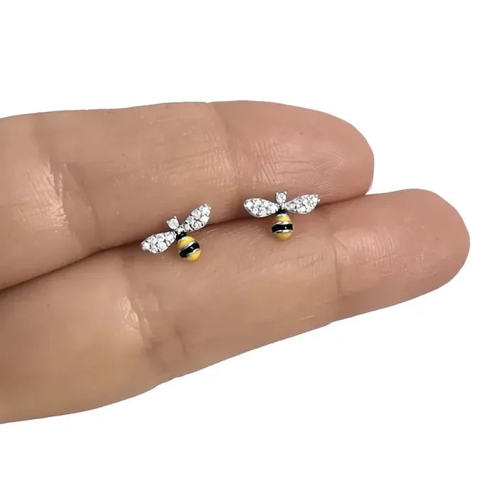Dainty Geometric Bee Stud Earrings for Women Copper Alloy Cubic Zirconia Silver Gold