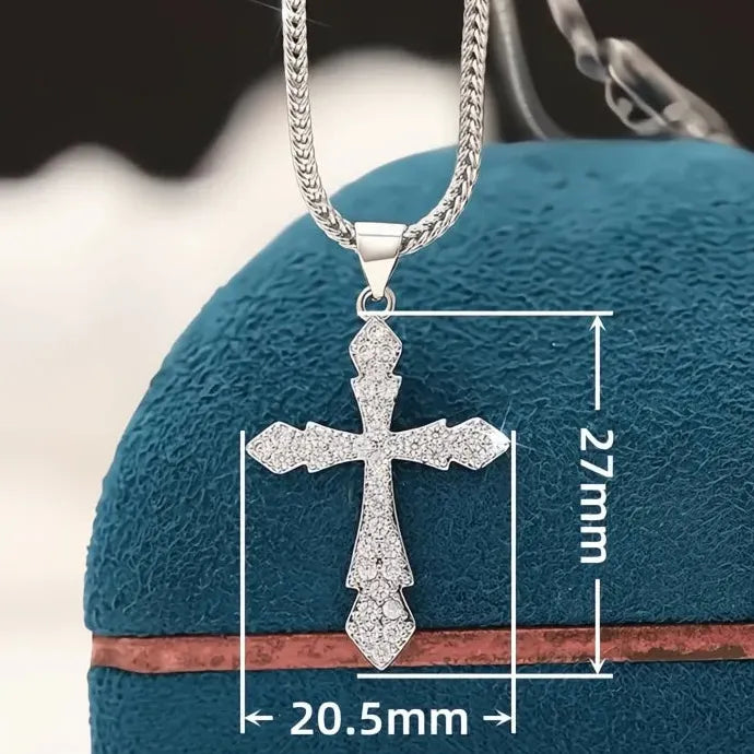 Women Silver Cross Pendant Necklace CZ Shining Party Jewelry Copper Alloy