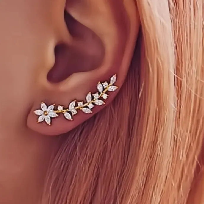 Aesthetic Flower Cubic Zirconia Geometric Stud Climb Earrings for Women Copper Alloy Jewelry