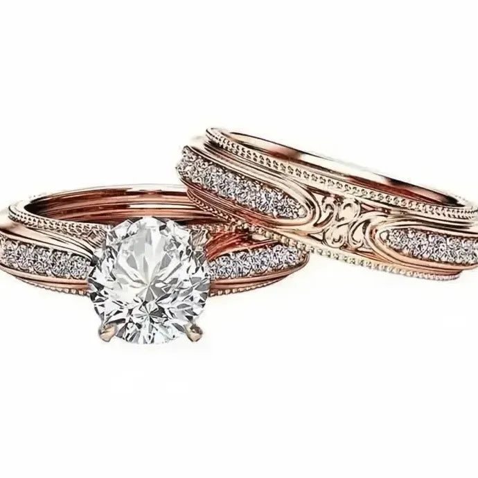 2Pcs Bridal Wedding Rings Set Cubic Zirconia Brass Jewelry Delicate