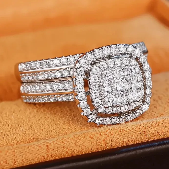 Elegant Classic Silver Brass Wedding Rings Set with Cubic Zirconia for Women