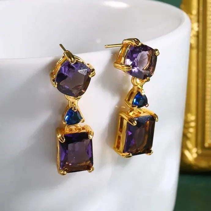 Double Drop Purple Square Zircon Earrings for Women, Fashion Jewelry
