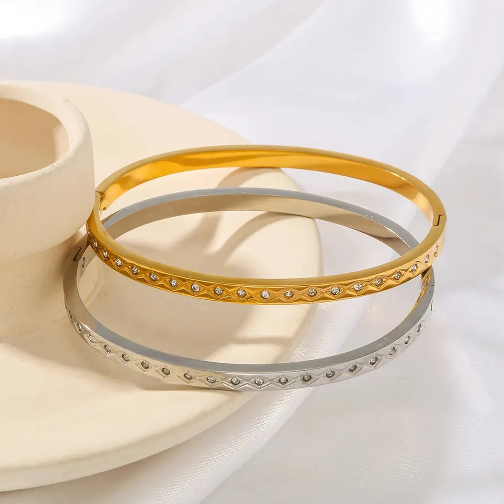 18K Gold Plated Stainless Steel Geometric Cubic Zirconia Bangle Bracelet Women
