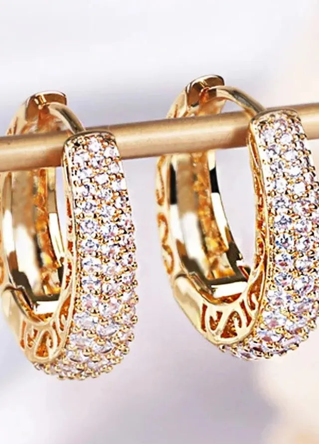 Hollow Gold Hoop Earrings for Women CZ Stone Paved Luxury Circle Jewelry