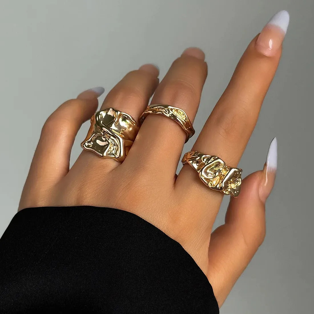Folded Lava Metal Zircon Adjustable Rings Set Vintage Punk Jewelry Men Women