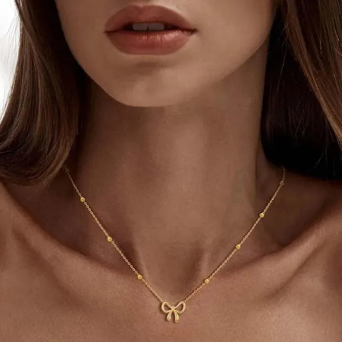 Gold Bowknot Pendant Necklace for Women Beaded Chain Fashion Jewelry