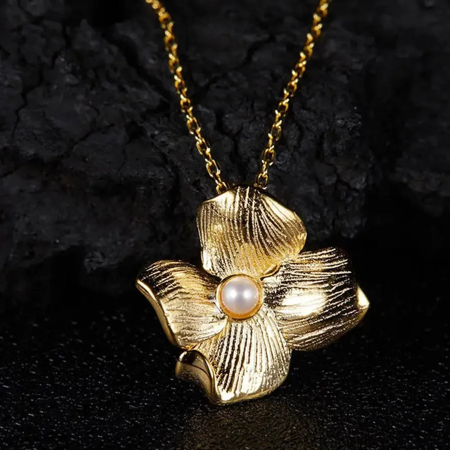 Delicate Twist Petal Pearl Necklace Gold Plated Textured Flower Jewelry Women