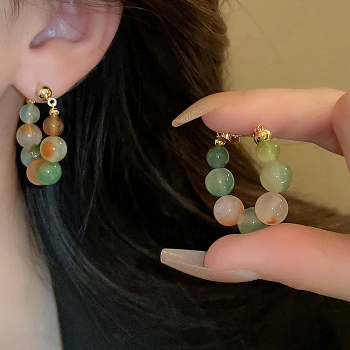 Elegant Green Beaded Acrylic Hoop Earrings for Women Vintage Gift