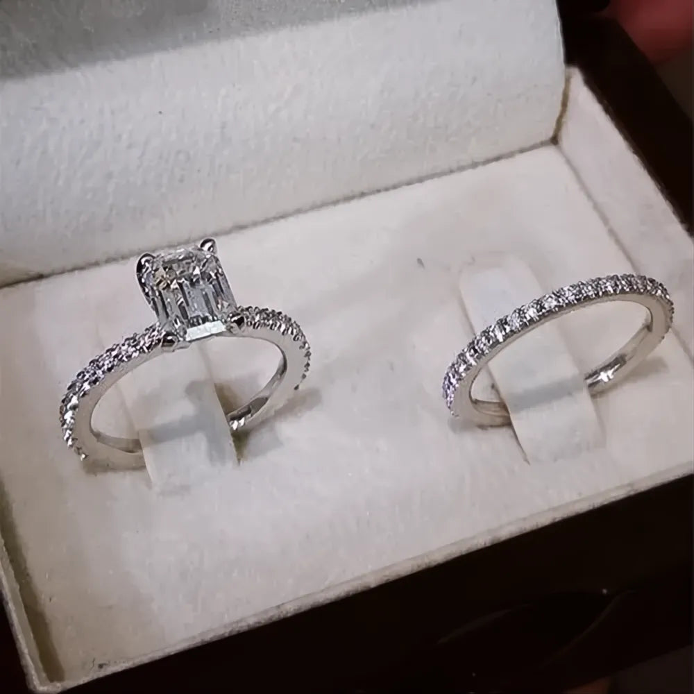 Simple Elegant Round Square Cubic Zirconia Rings for Women Silver Color Bridal Wedding Party Jewelry Set