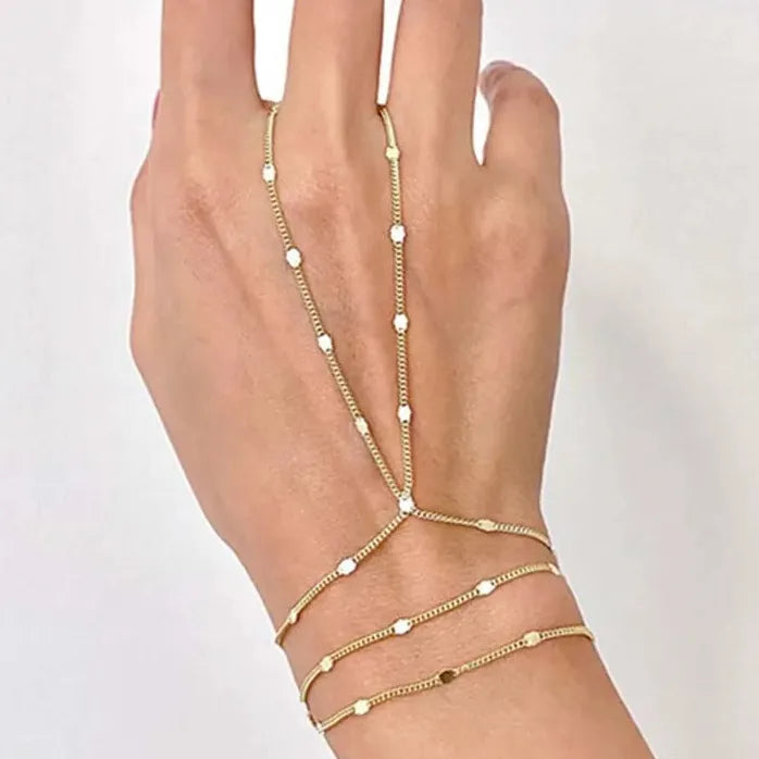 Vintage Gold Tone Connected Finger Ring Bracelets for Women Chain Bangles Mood Tracker