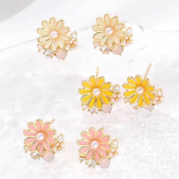Yellow Daisy Zircon Pearl Stud Earrings for Women Vintage Gift Jewelry