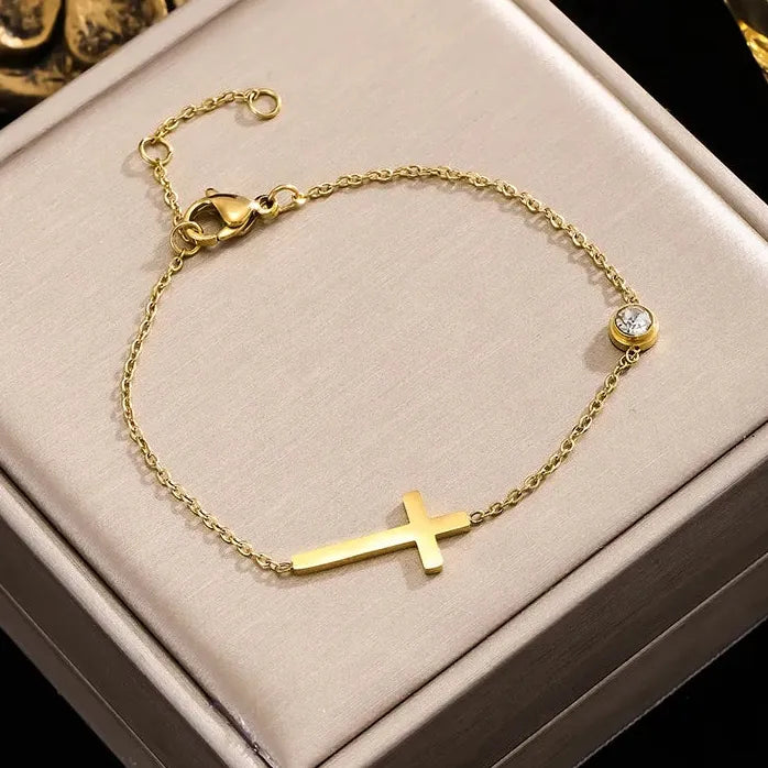 Gold Stainless Steel Cross Chain Bracelet for Women CZ Zircon Charm Gift