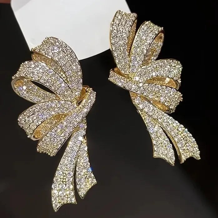 Trendy Bow Drop Earrings Silver Gold CZ Ribbon Jewelry for Women