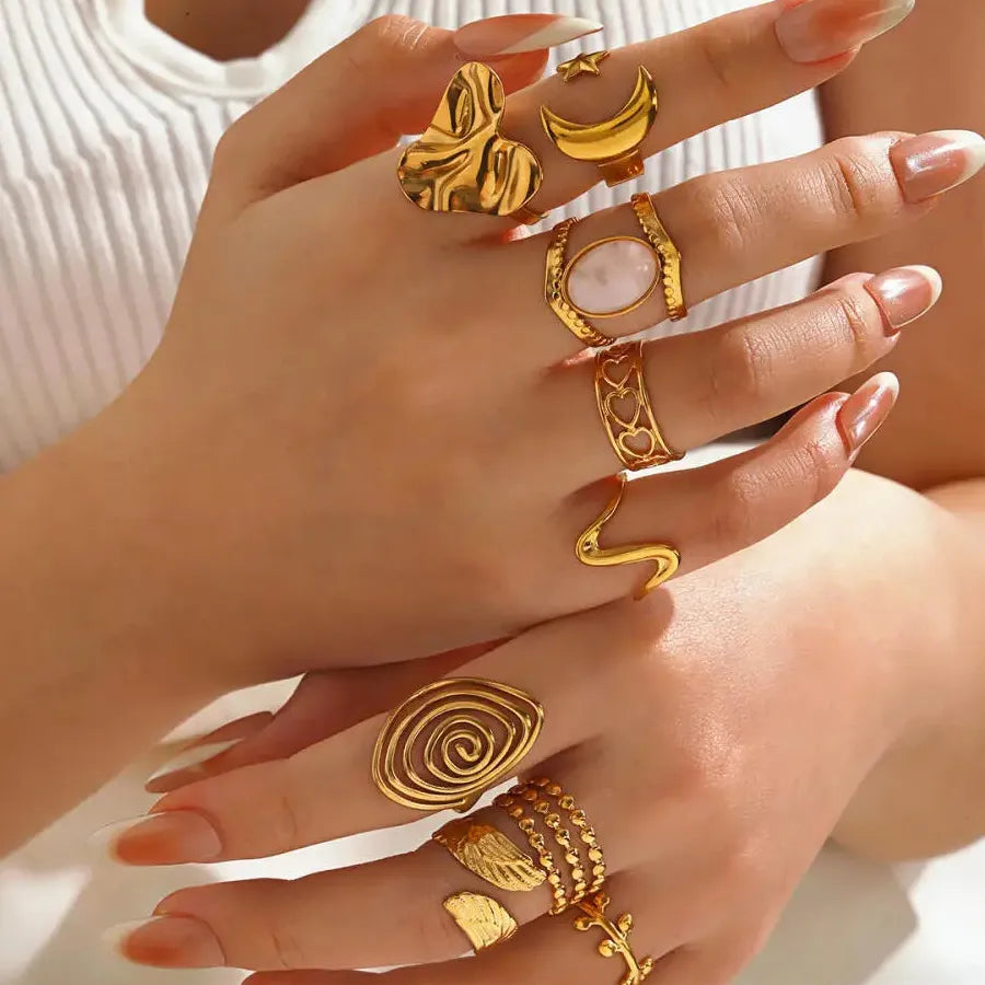 Butterfly Leaf Heart-Shaped 18K Gold Stainless Steel Ring Waterproof Gift Jewelry