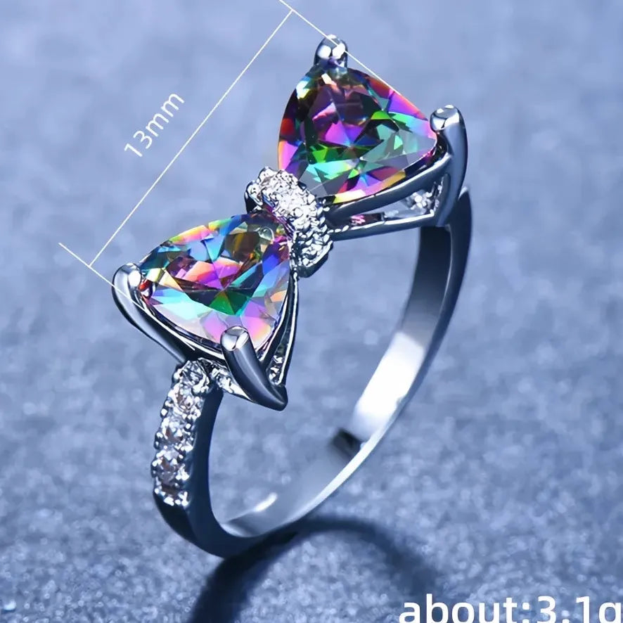Personality Multi-colored Cubic Zirconia Bow Ring for Women Wedding Party Jewelry Gift