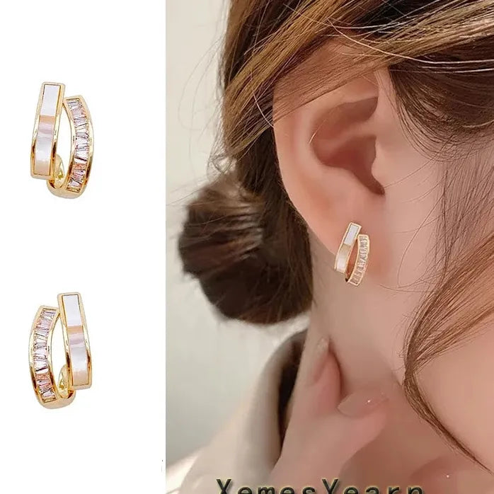 2024 Shell Zircon Arc Metal Stud Earrings Korean Fashion Jewelry Women