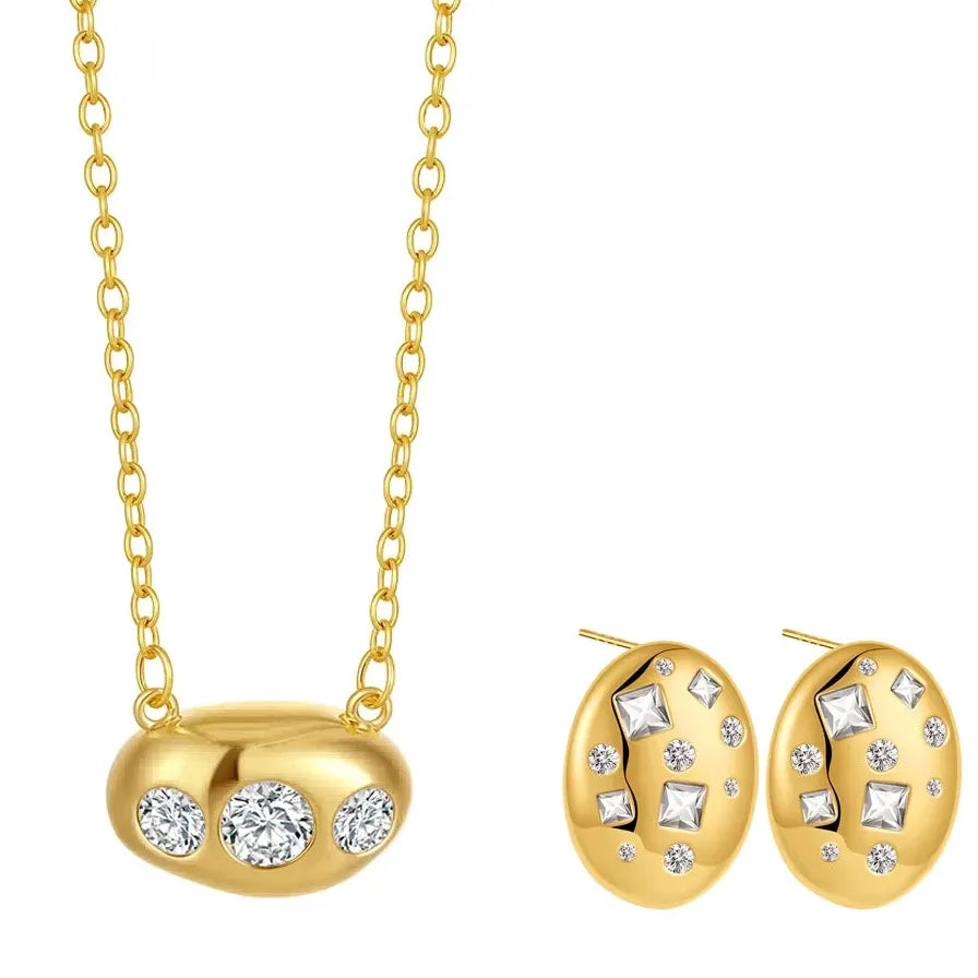 Geometric Oval Cubic Zirconia Stud Earrings and White Crystal Pendant Necklace