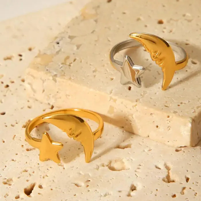 Adjustable Stainless Steel Moon Star Open Ring Unisex Gold Silver Gift Jewelry