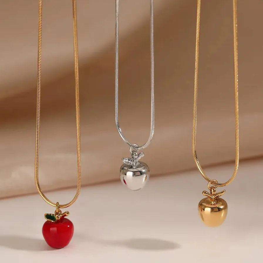 Stainless Steel 18k Gold Red Apple Pendant Geometric Hoop Earrings for Women Girls