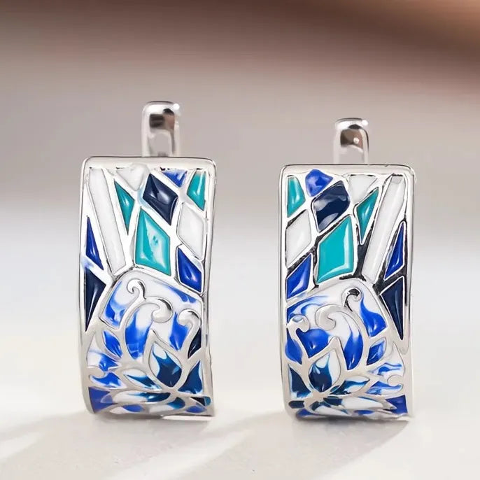 Geometric Hoop Earrings for Women with Blue Flower Design Elegant Jewelry