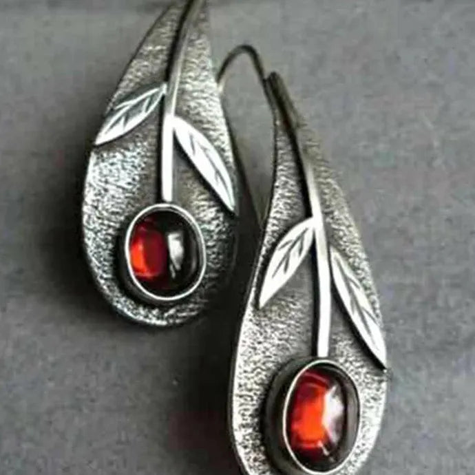 Vintage Zinc Alloy Leaf Drop Earrings with Red Stone Inlay for Women