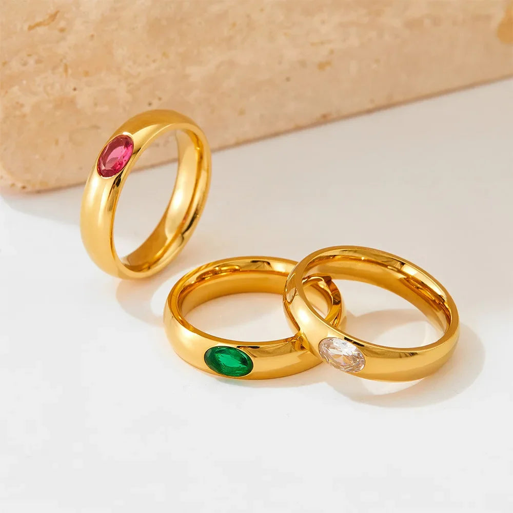 18K Gold Plated Stainless Steel Oval Zircon Crystal Wedding Ring for Women