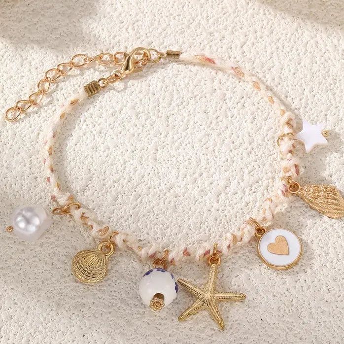 Bohemia Hand Woven Rope Bracelet Featuring Daisy Fish Starfish Shell Pendant for Women Summer Jewelry