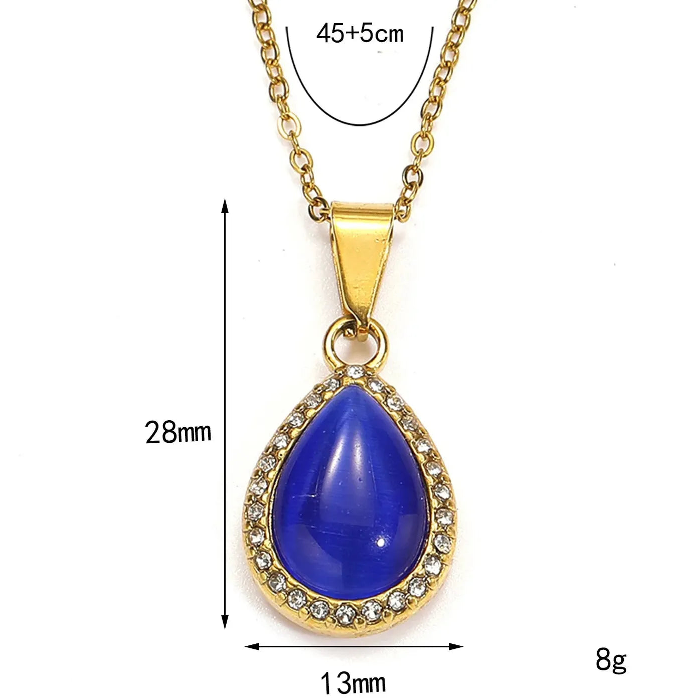 18k Gold Plated Stainless Steel Water Droplet Cat Eye Pendant Necklace Choker Women