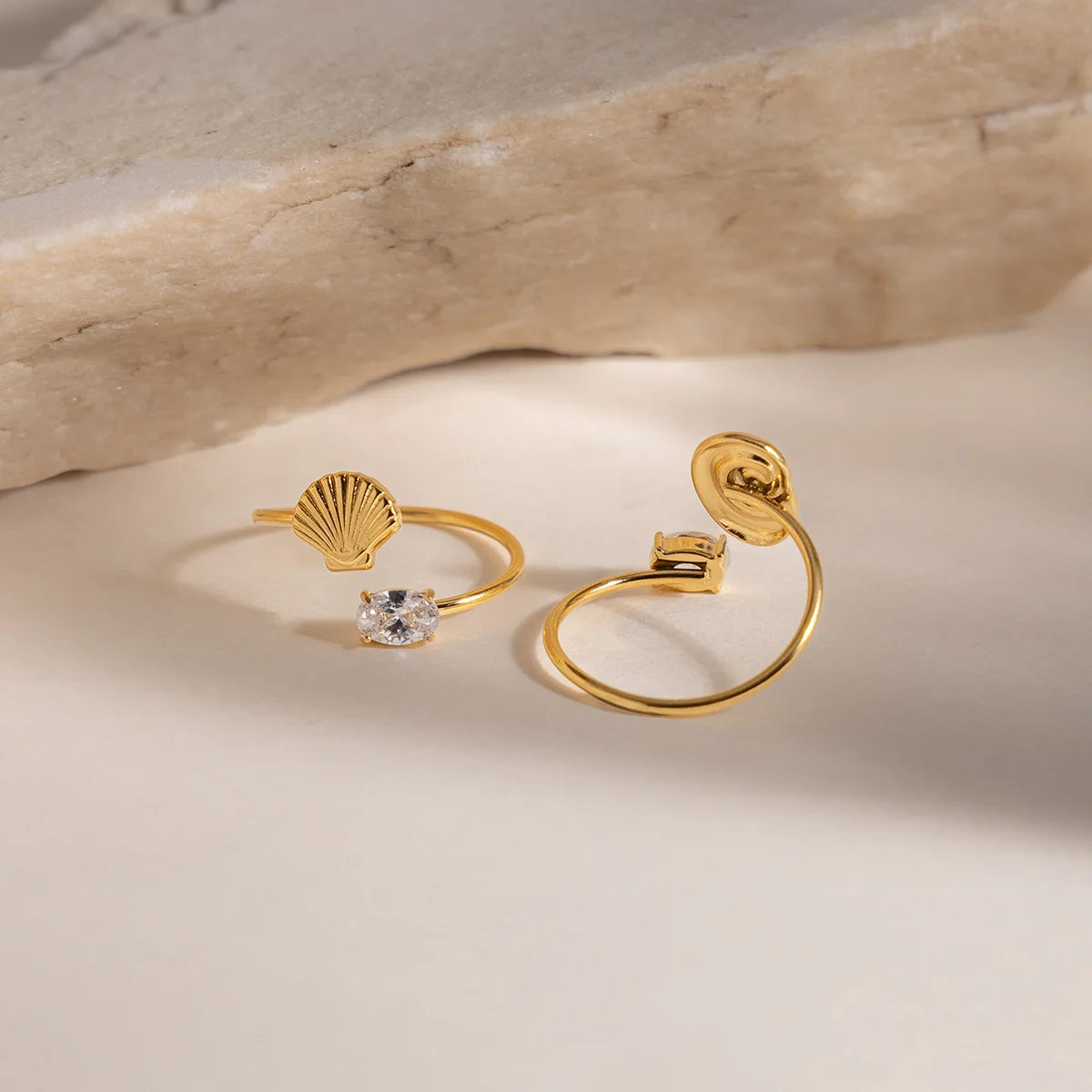 18K Gold Plated Stainless Steel Seashell Scallop Ring Adjustable Zircon Wedding Jewelry