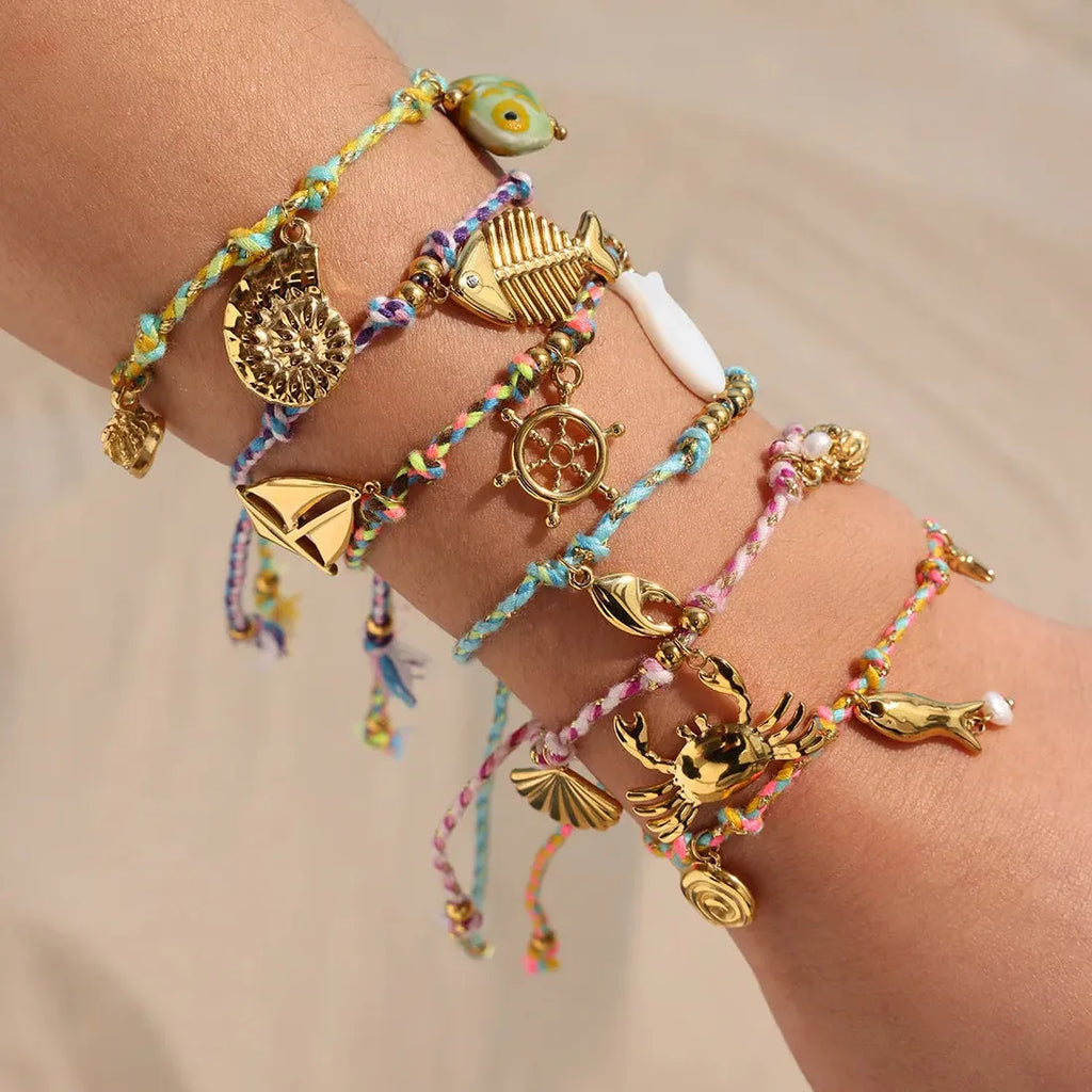 Handmade Woven Fish Bone Shell Pendant Bracelet Stainless Steel Jewelry Charm
